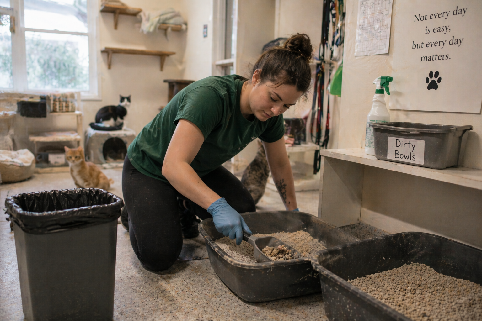 Volunteer cleaning a shelter cat area