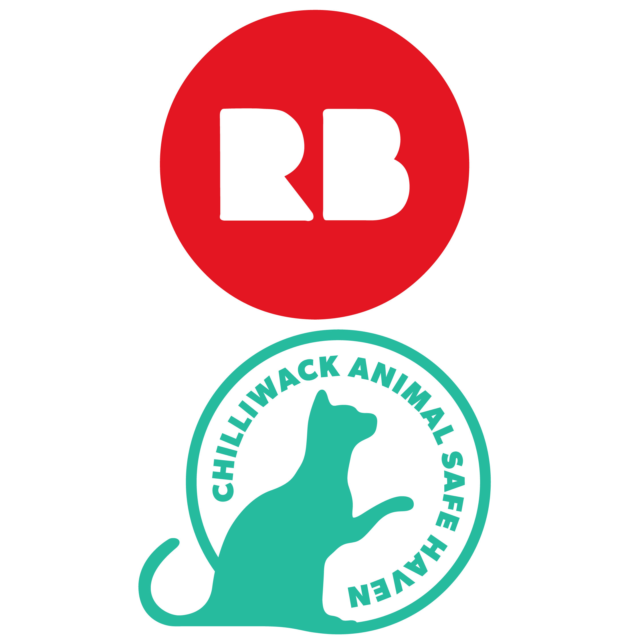 The RedBubble logo which is a red circle, with the R and B cut out in thick block letters, in white. Below that is the teal Chilliwack Animals Safe Haven