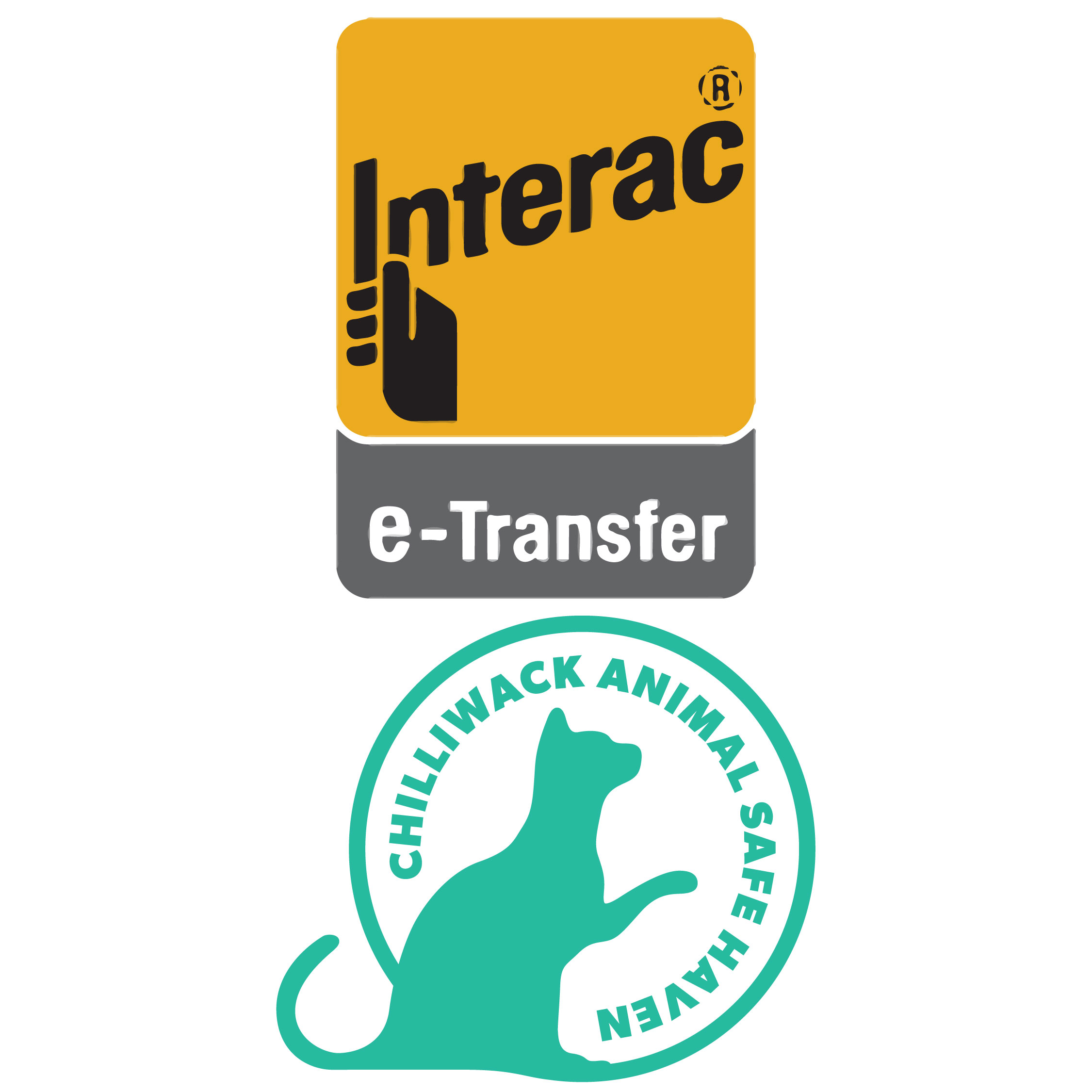 The Interact e-transfer logo. Which is yellow and grey is above the teal Chilliwack Animal Safe Haven logo.